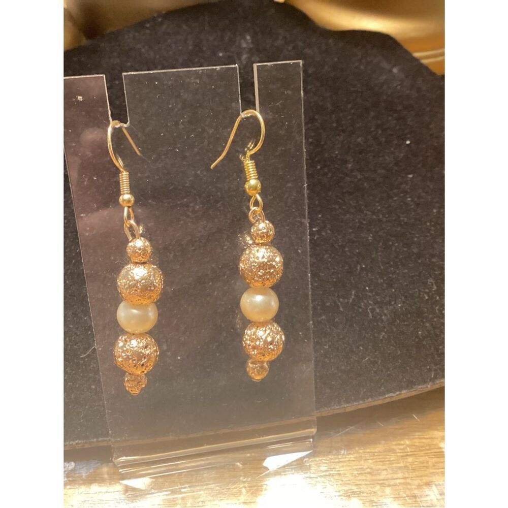NWOTGold-Tone Textured Beaded Drop Earrings with Faux Pearl Accent
